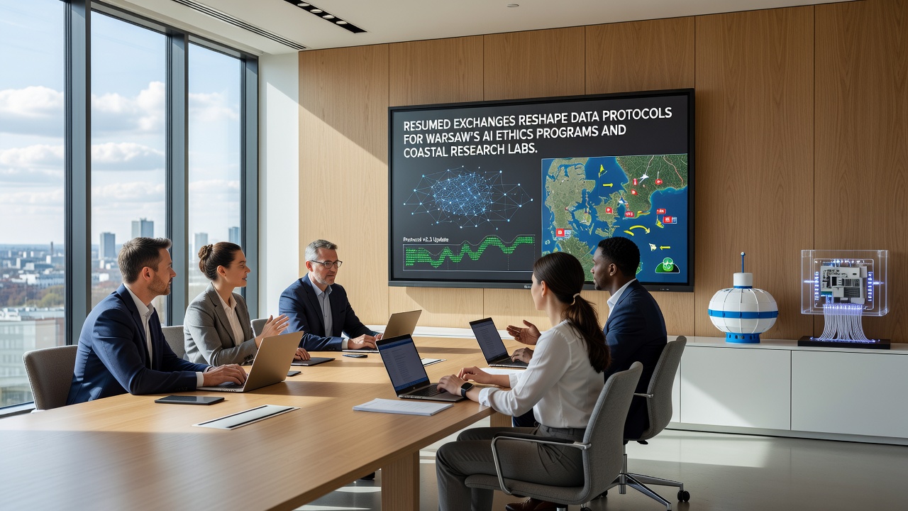 Coastal research lab technicians implementing updated data transfer protocols for AI ethics collaboration with Warsaw programs