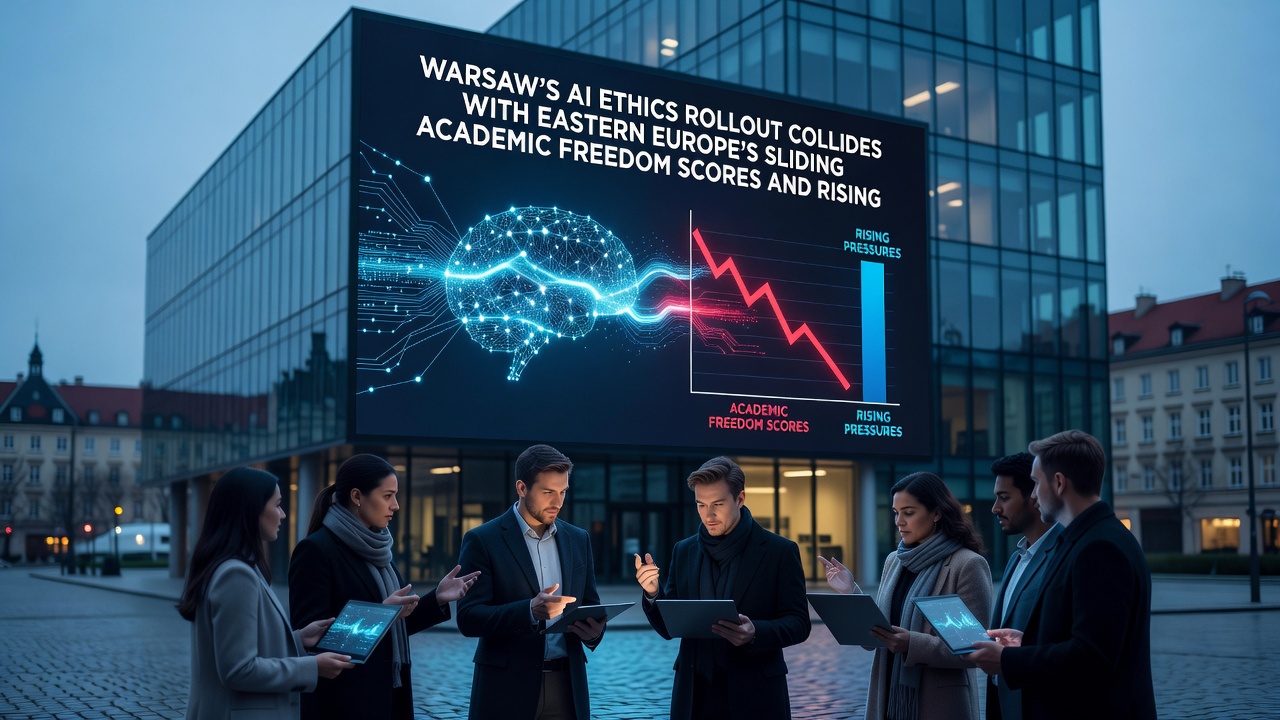 Researchers reviewing environmental data alongside AI ethics compliance documents in a Warsaw lab
